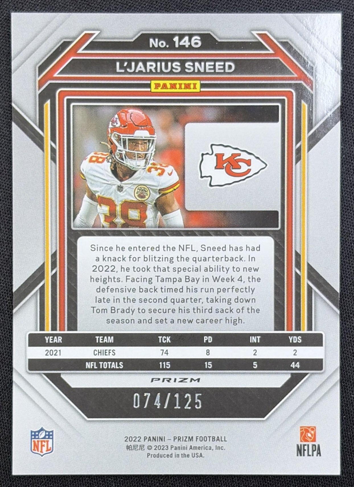 L Jarius Sneed 2022 Panini Prizm Purple /125 Chiefs