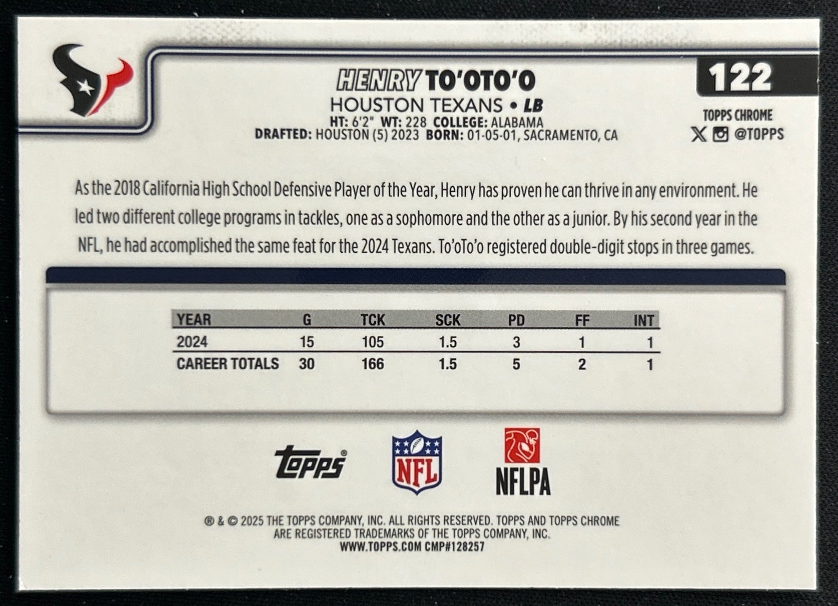 Henry To'oTo'o 2025 Topps Chrome Texans Sports Trading Cards
