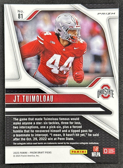 JT Tuimoloau 2025 Panini Prizm Draft Picks Purple Wave Buckeyes Colts