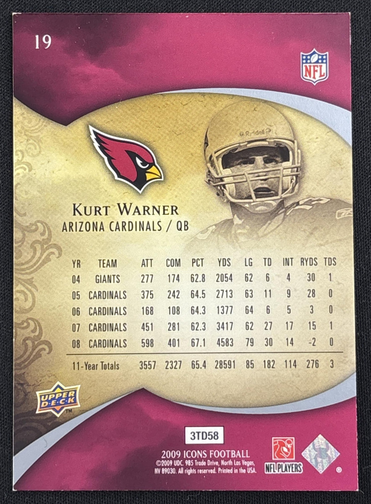 Kurt Warner 2009 Upper Deck Icons Gold Foil /125 Cardinals - Back