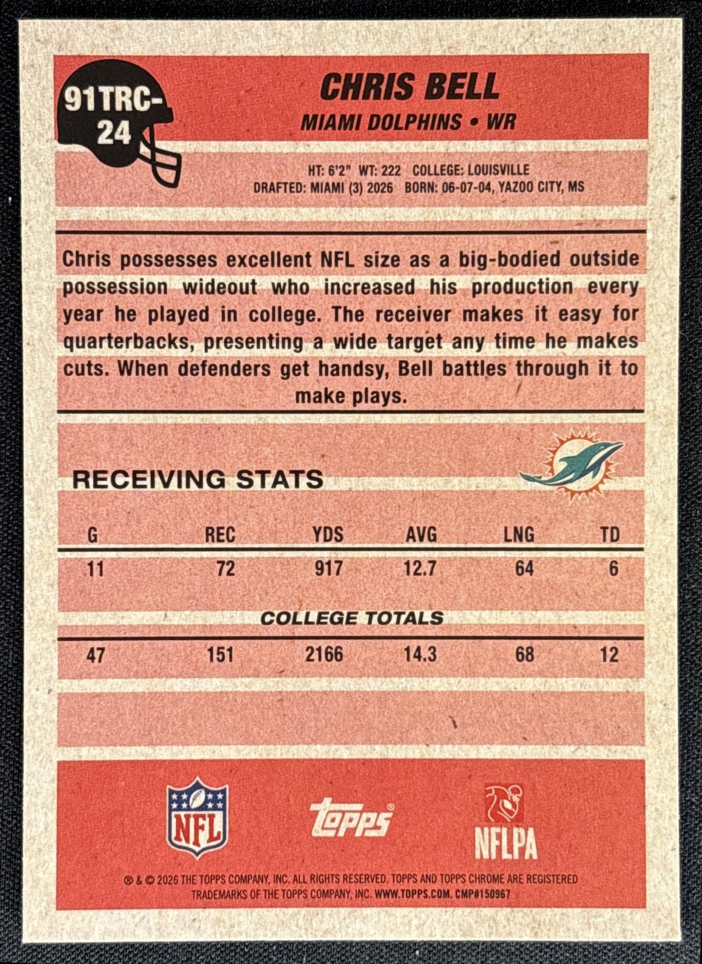 Chris Bell 2026 Topps 1991 Chrome Rookie Mojo Refractor Dolphins