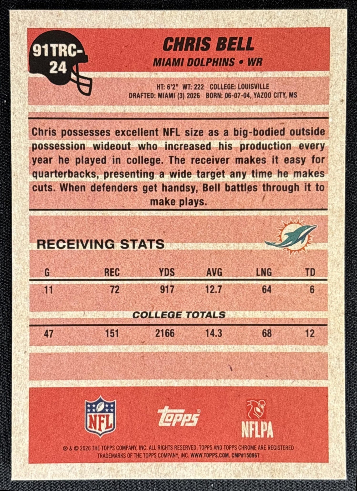 Chris Bell 2026 Topps 1991 Chrome Rookie Mojo Refractor Dolphins