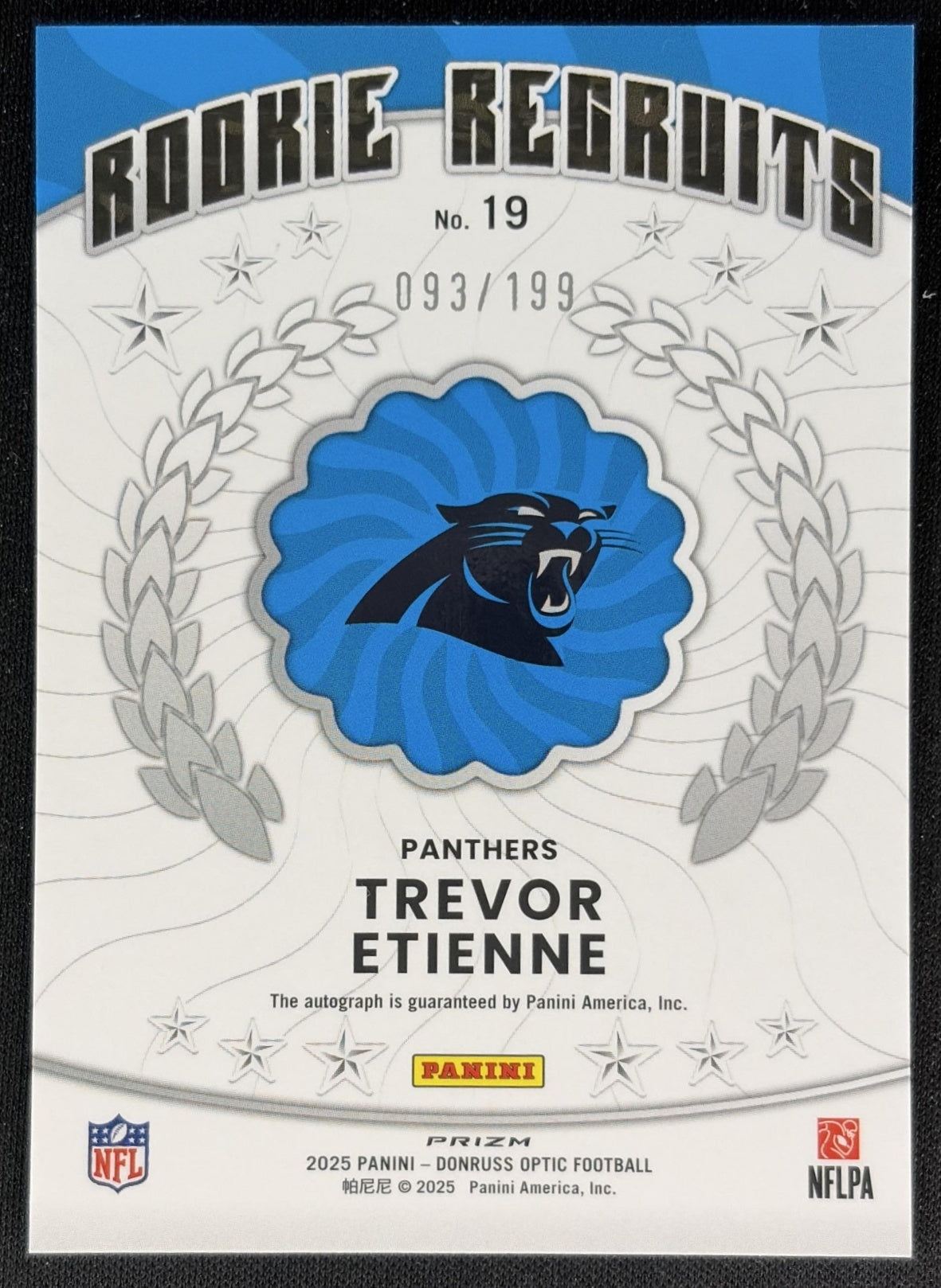 Trevor Etienne 2025 Panini Donruss Optic Rookie Recruits Auto /199 Panthers back