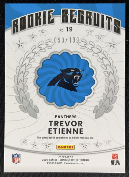 Trevor Etienne 2025 Panini Donruss Optic Rookie Recruits Auto /199 Panthers back