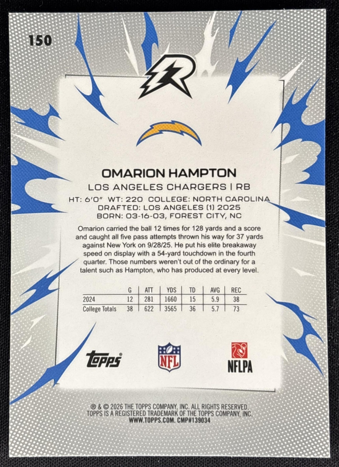 Omarion Hampton 2025 Topps Resurgence Chargers back