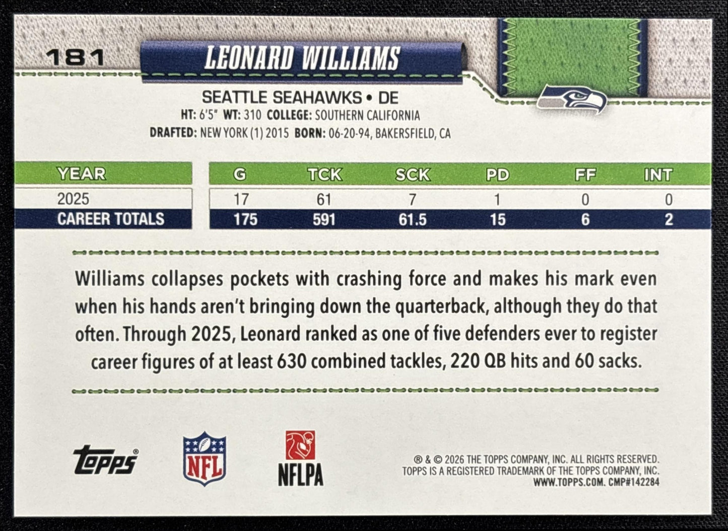 Leonard Williams 2026 Topps Rainbow Foil Seahawks
