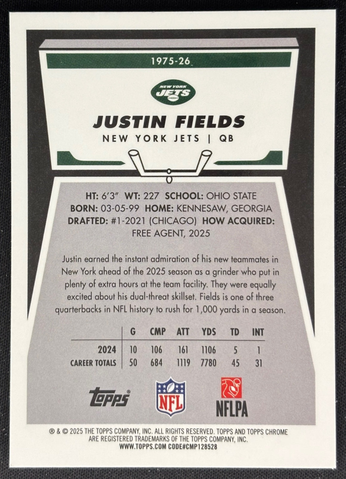 Justin Fields 2025 Topps Chrome 1975 Topps Jets Sports Trading Cards