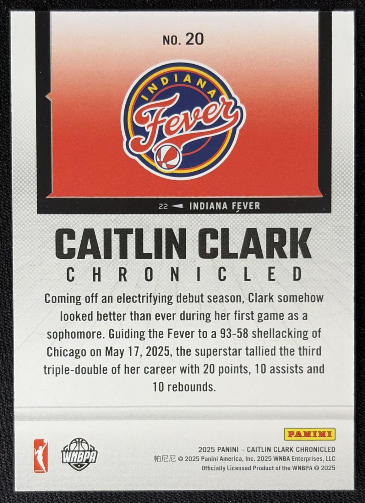 Caitlin Clark 2025 Panini Chronicled WNBA Holo Fever 20