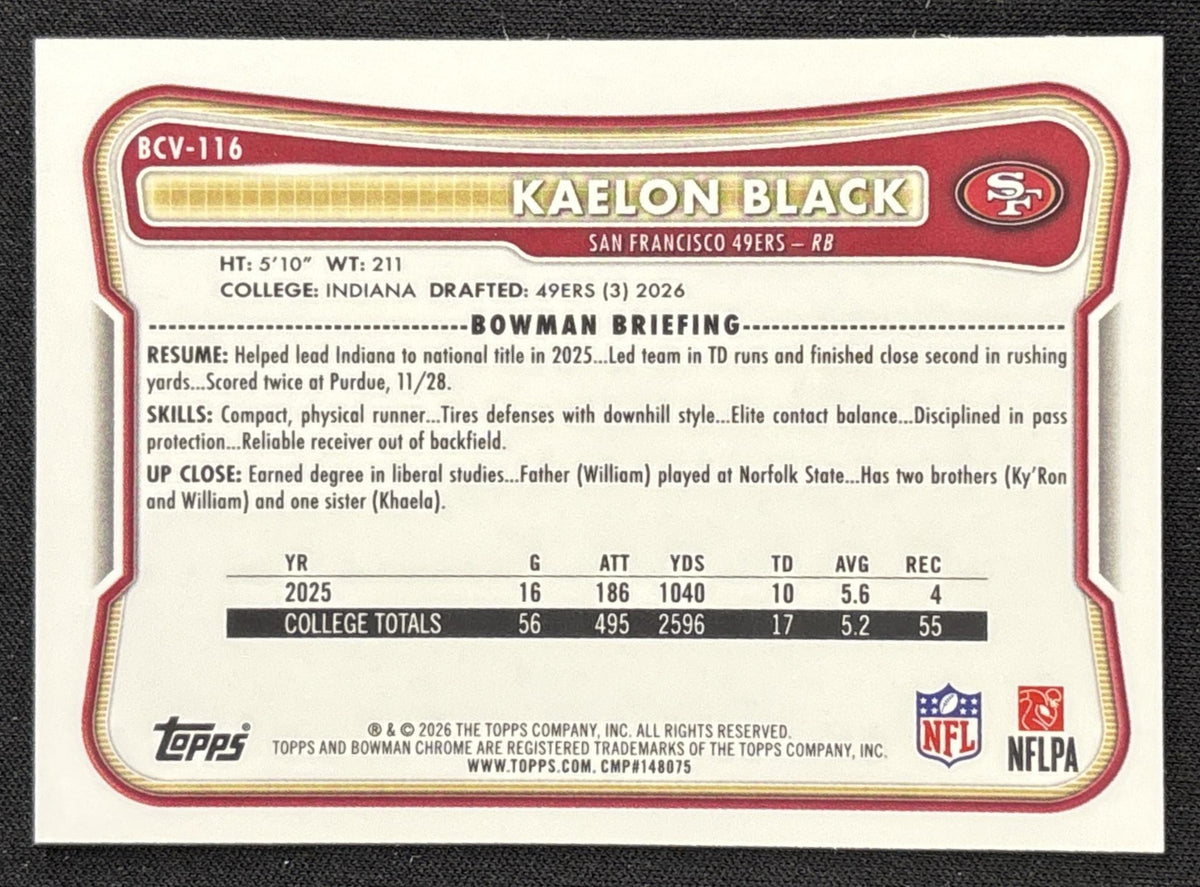 Kaelon Black 2026 Bowman Chrome NFL Neon Green Refractor /399 49ers Sports Trading Card
