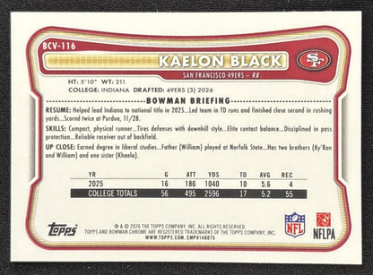 Kaelon Black 2026 Bowman Chrome NFL Neon Green Refractor /399 49ers Sports Trading Card