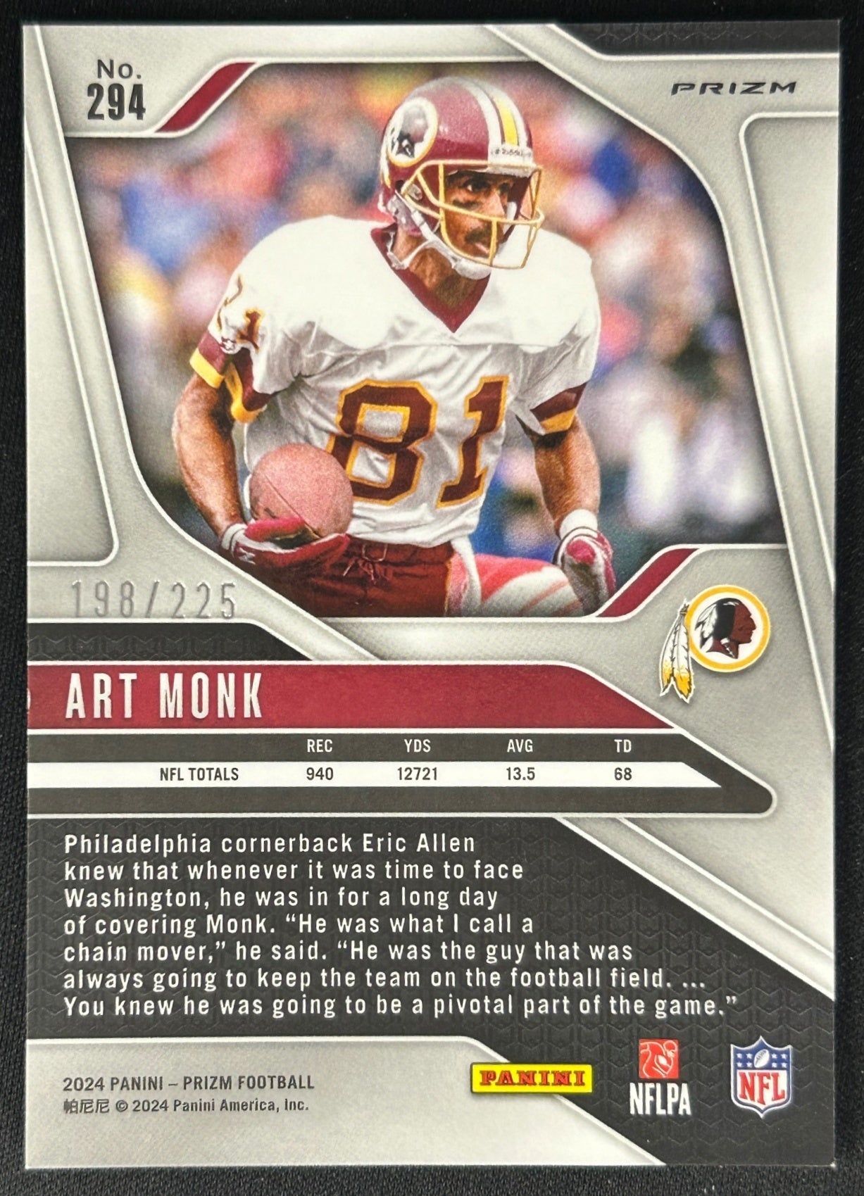 Art Monk 2024 Prizm Purple Ice /225 Redskins sports trading card (back)