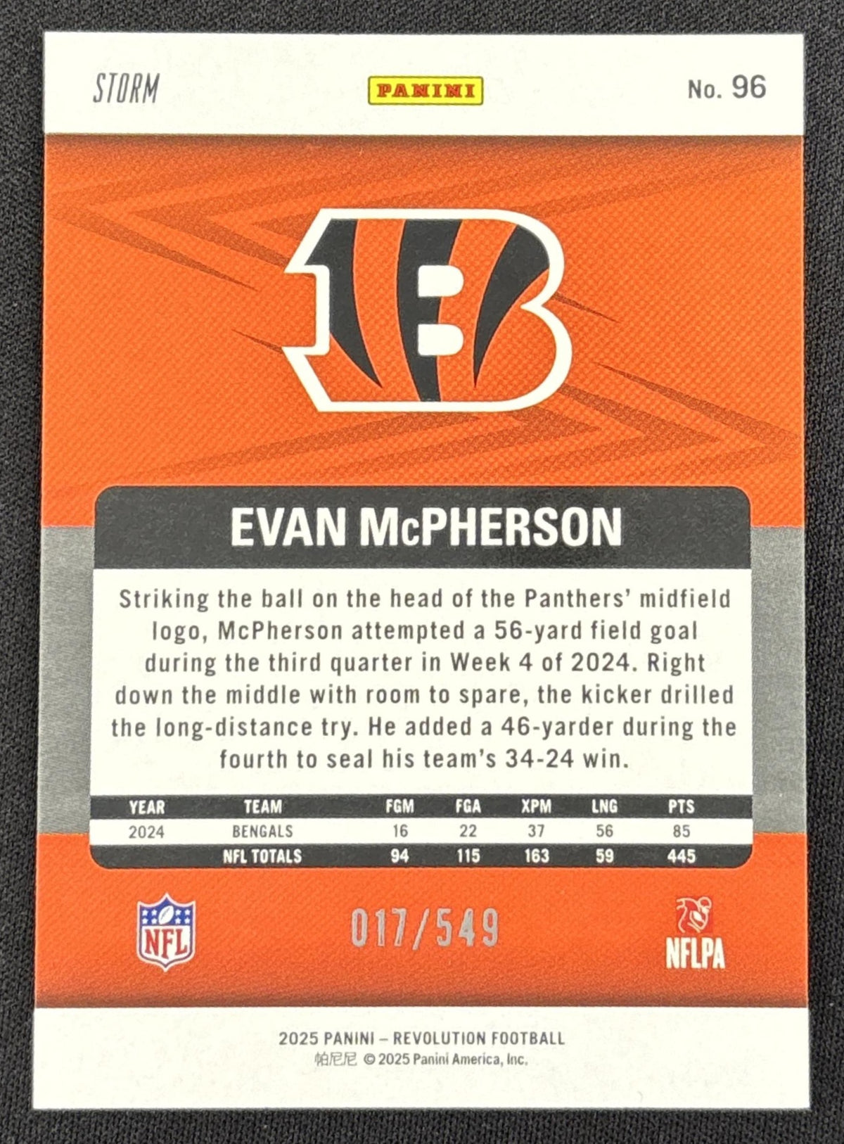 Evan McPherson 2025 Panini Revolution Blue Storm /549 Bengals