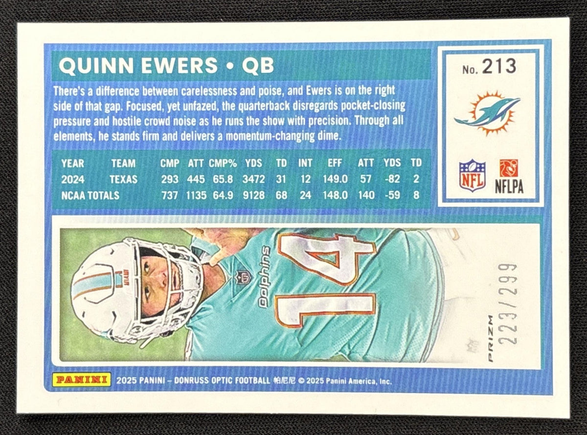Quinn Ewers 2025 Panini Donruss Optic Rated Rookie Orange Prizm /299 Dolphins Sports Trading Card
