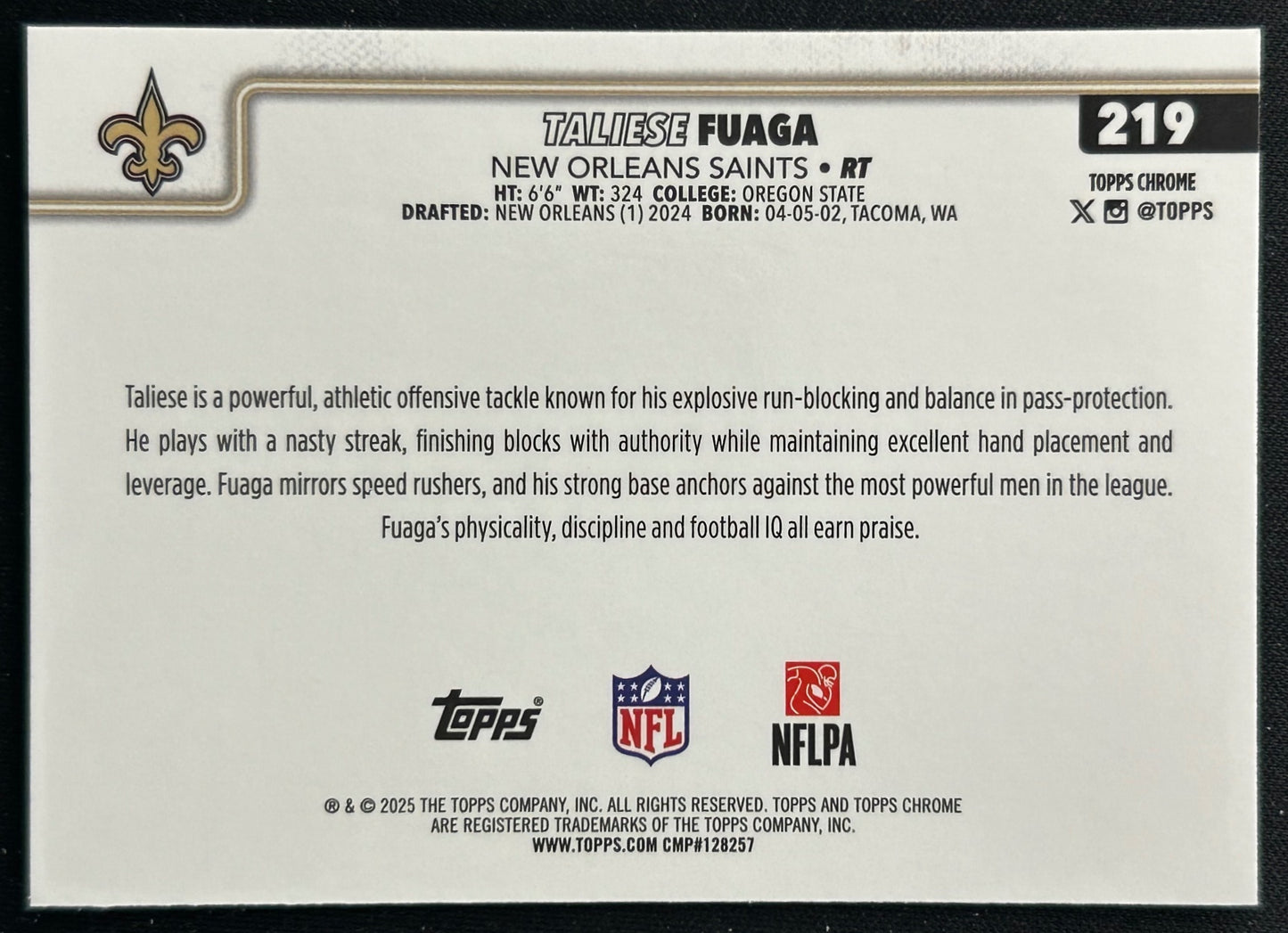 Taliese Fuaga 2025 Topps Chrome Saints Sports Trading Cards