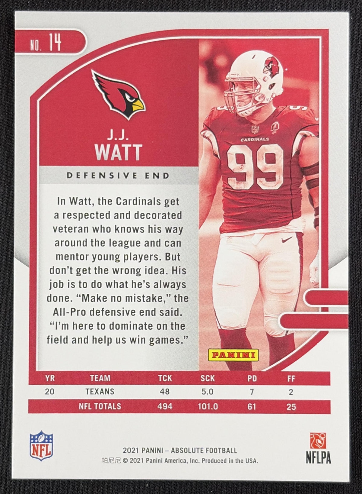 J.J. Watt 2021 Panini Absolute Spectrum Orange /75 Cardinals