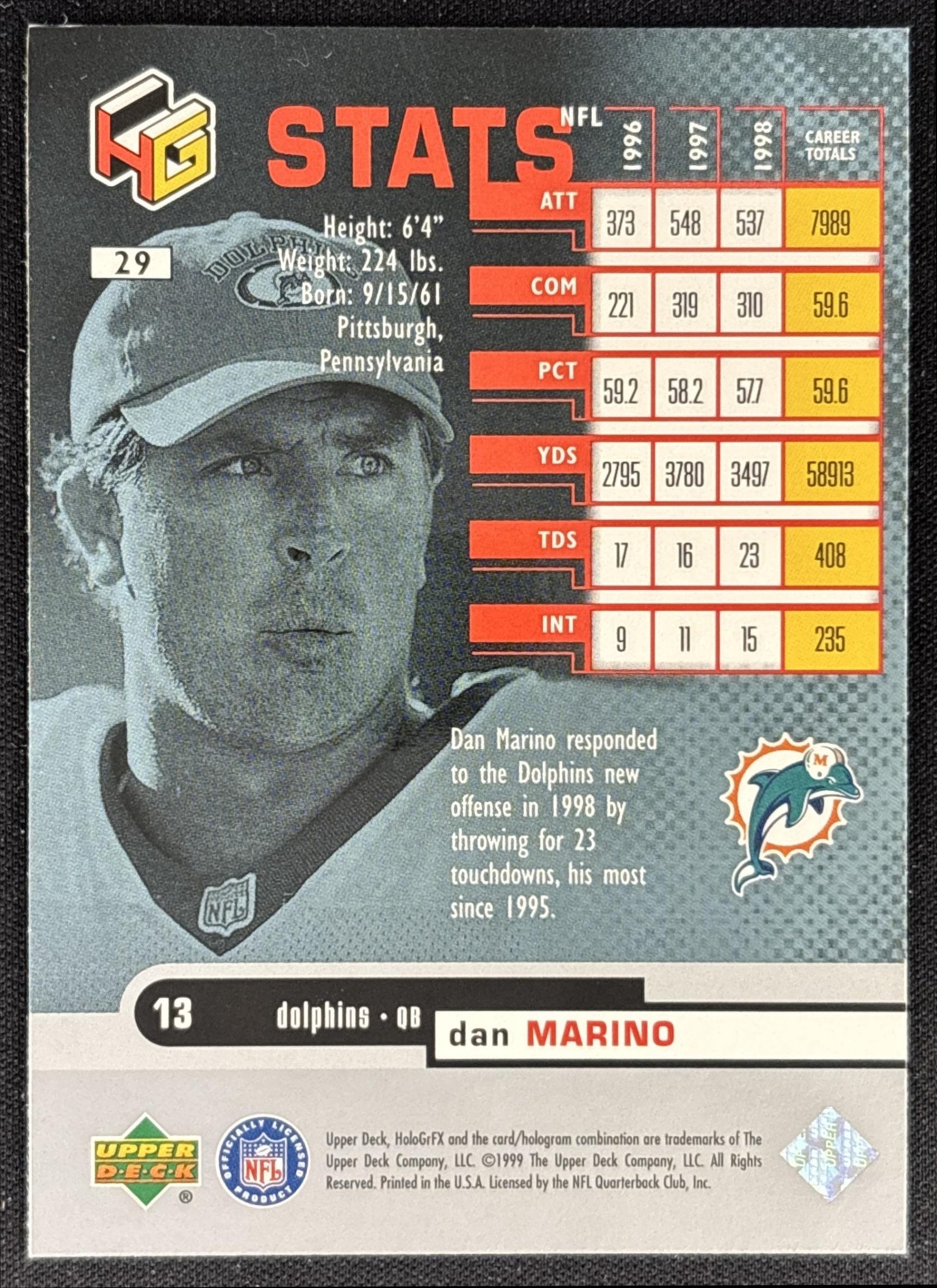 Dan Marino 1999 Upper Deck HoloGrFX Dolphins back