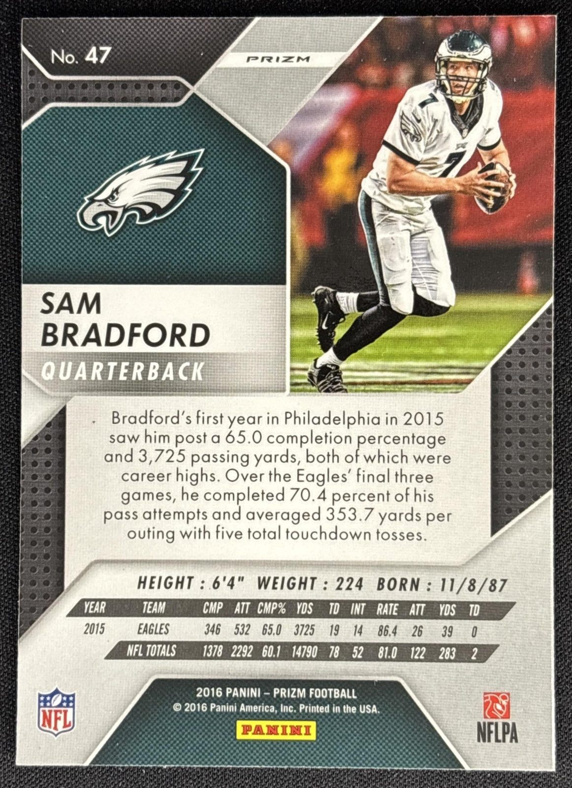 Sam Bradford 2016 Panini Prizm Silver Eagles Sports Trading Card