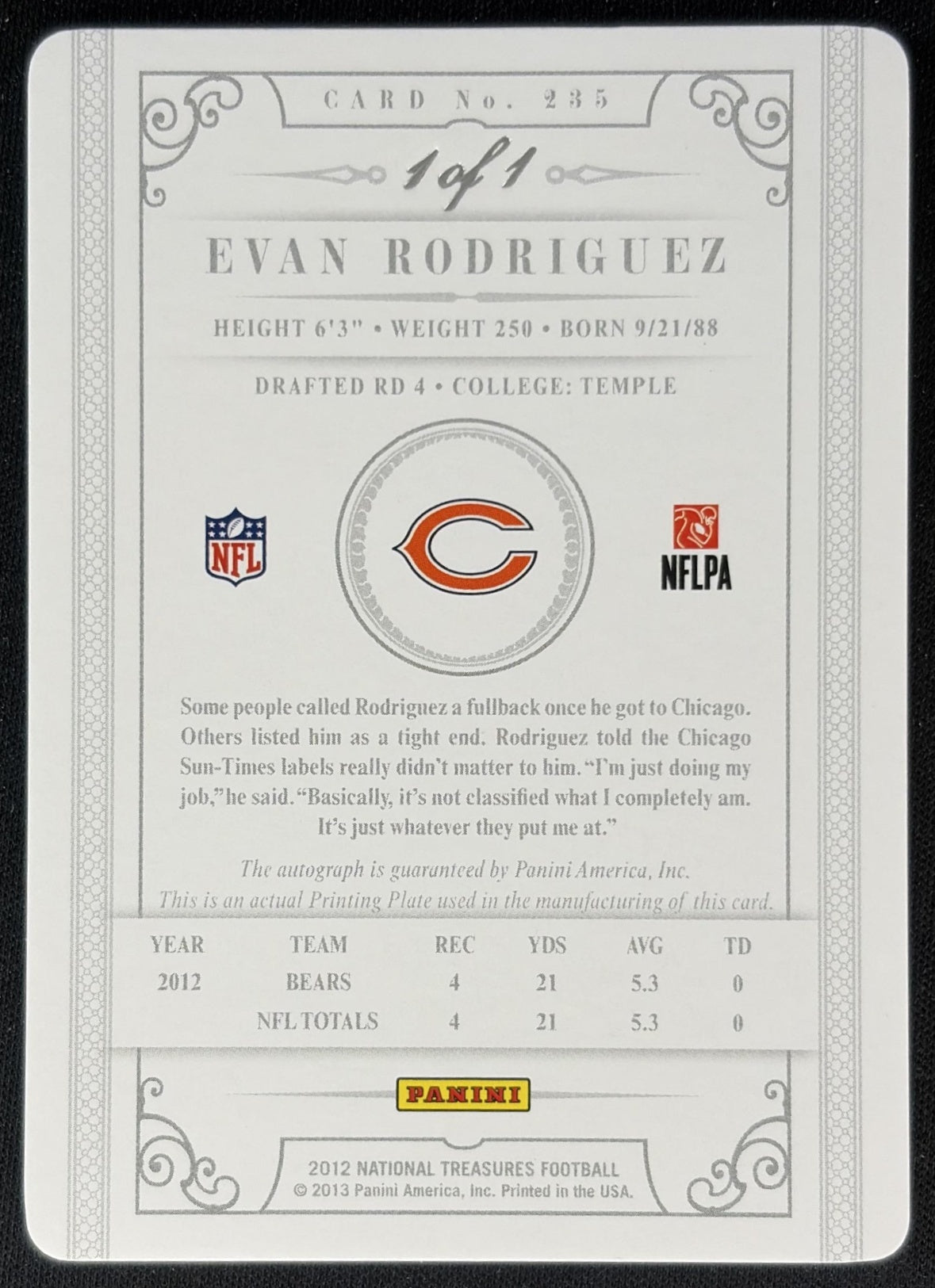 Evan Rodriguez 2012 Panini National Treasures Printing Plates Magenta 1/1 Bears back