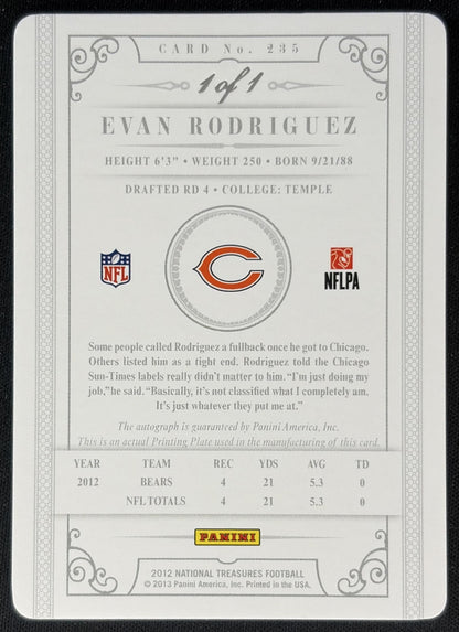 Evan Rodriguez 2012 Panini National Treasures Printing Plates Magenta 1/1 Bears back