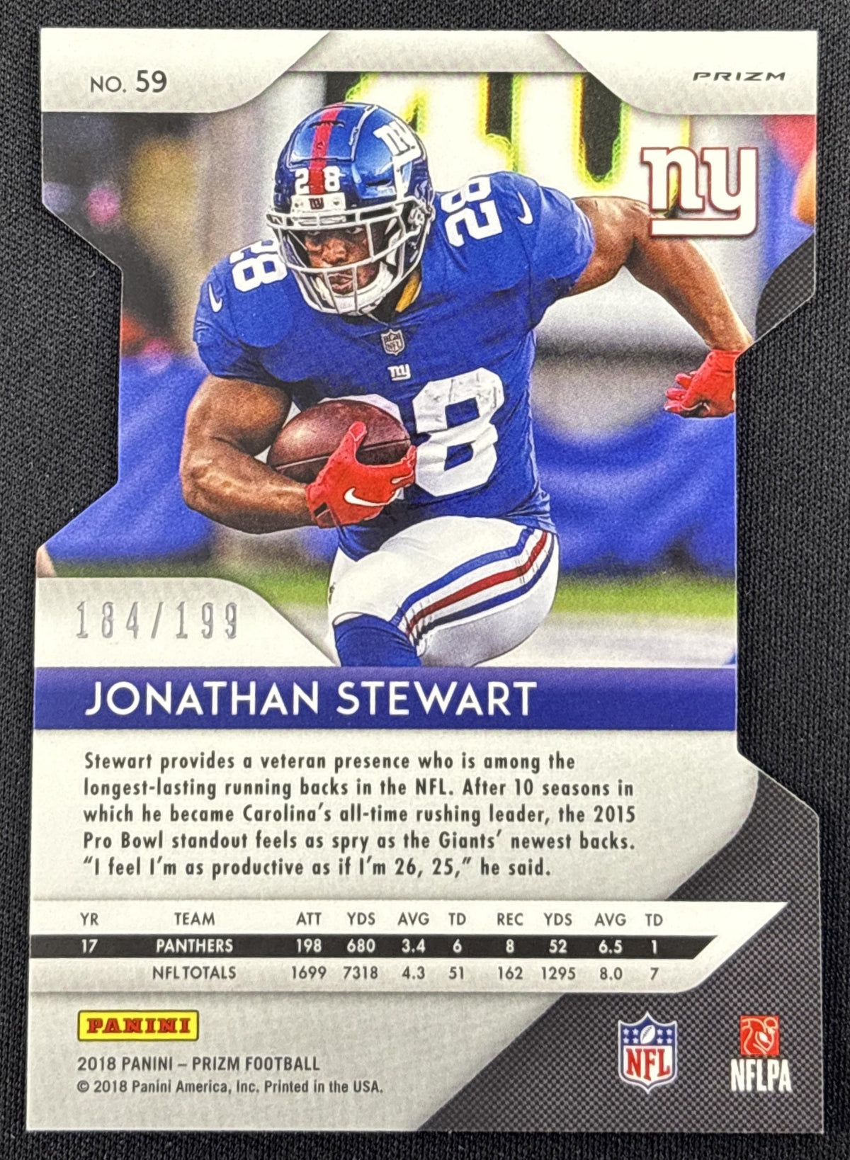 Jonathan Stewart 2018 Panini Prizm Light Blue Die Cut /199 Giants