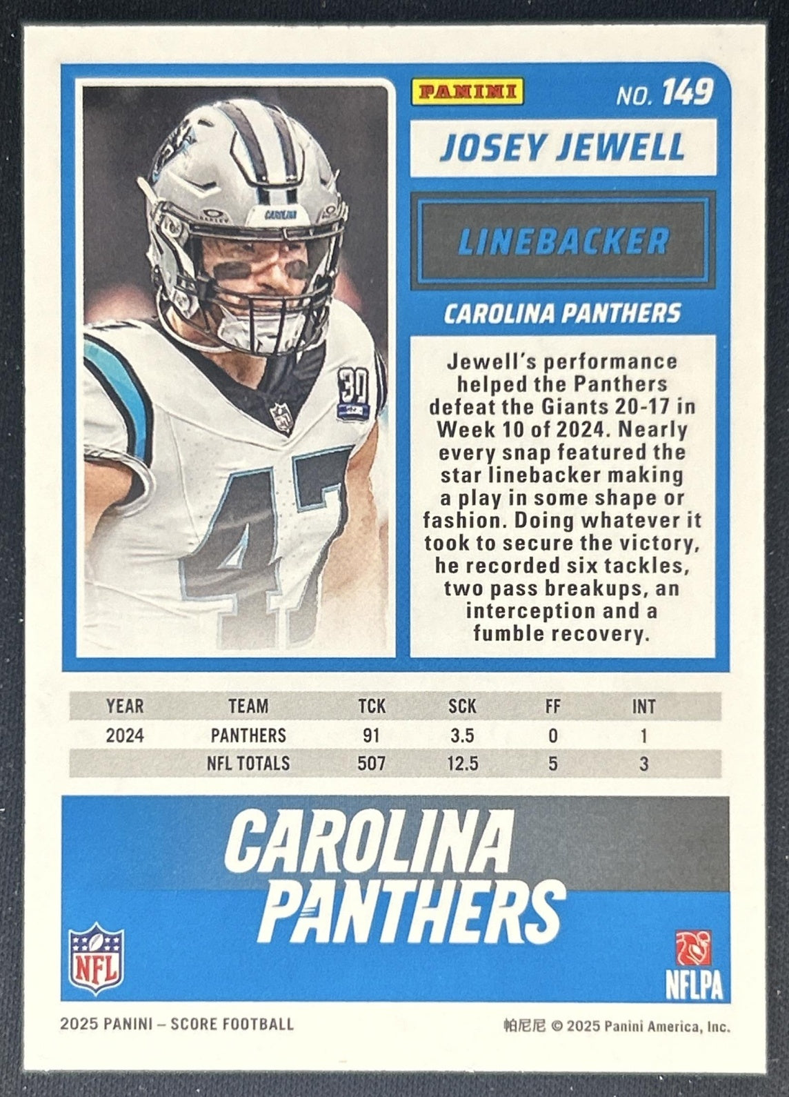 Josey Jewell 2025 Panini Score Dots Gold /499 Panthers back