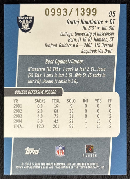 Anttaj Hawthorne 2005 Bowman's Best Blue /1399 Raiders Sports Trading Card