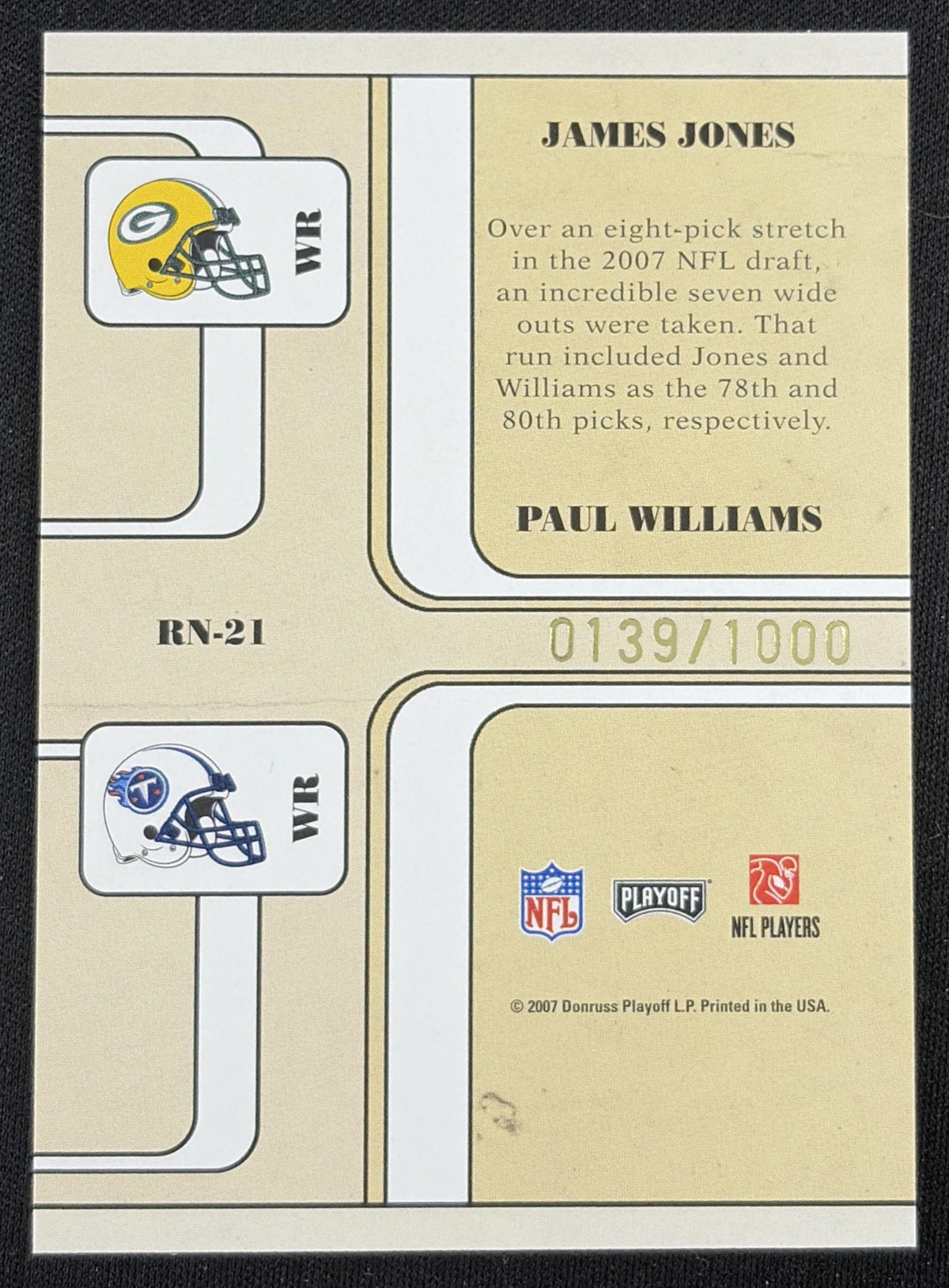 James Jones Paul Williams 2007 Playoff Contenders Round Numbers /1000 Packers Titans