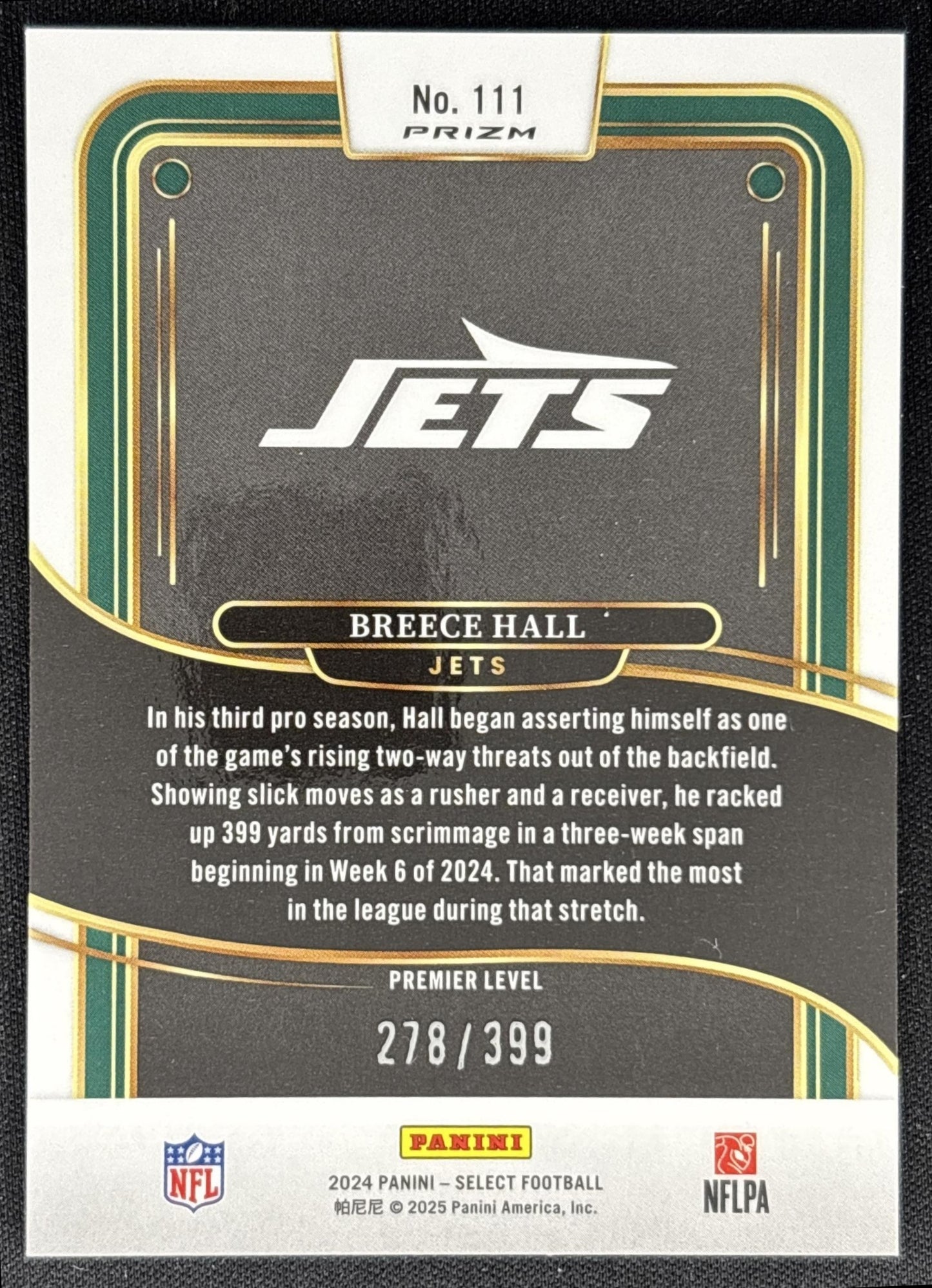 Breece Hall 2024 Panini Select Premier Orange Prizm Shock /399 Jets