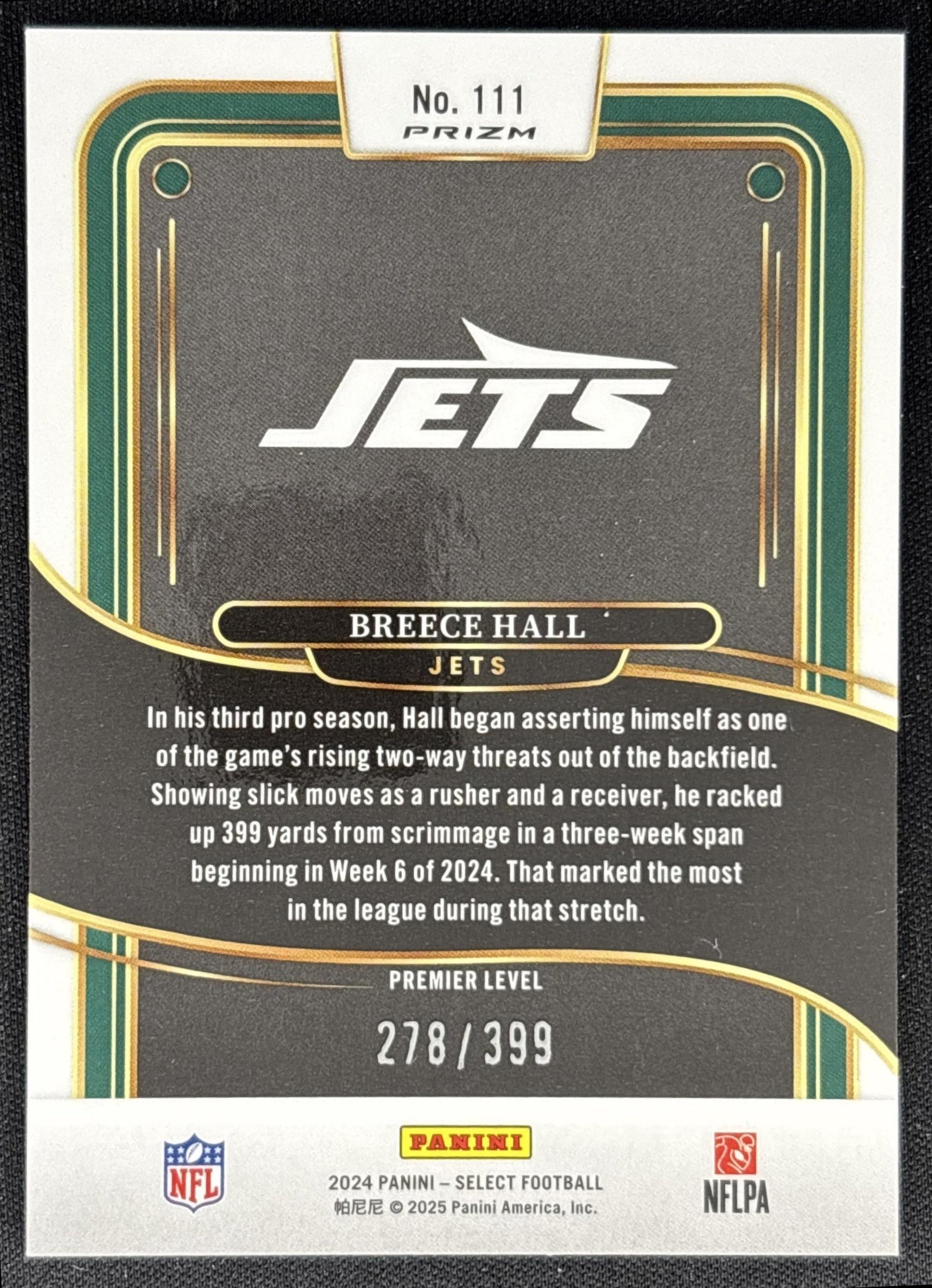 Breece Hall 2024 Panini Select Premier Orange Prizm Shock /399 Jets