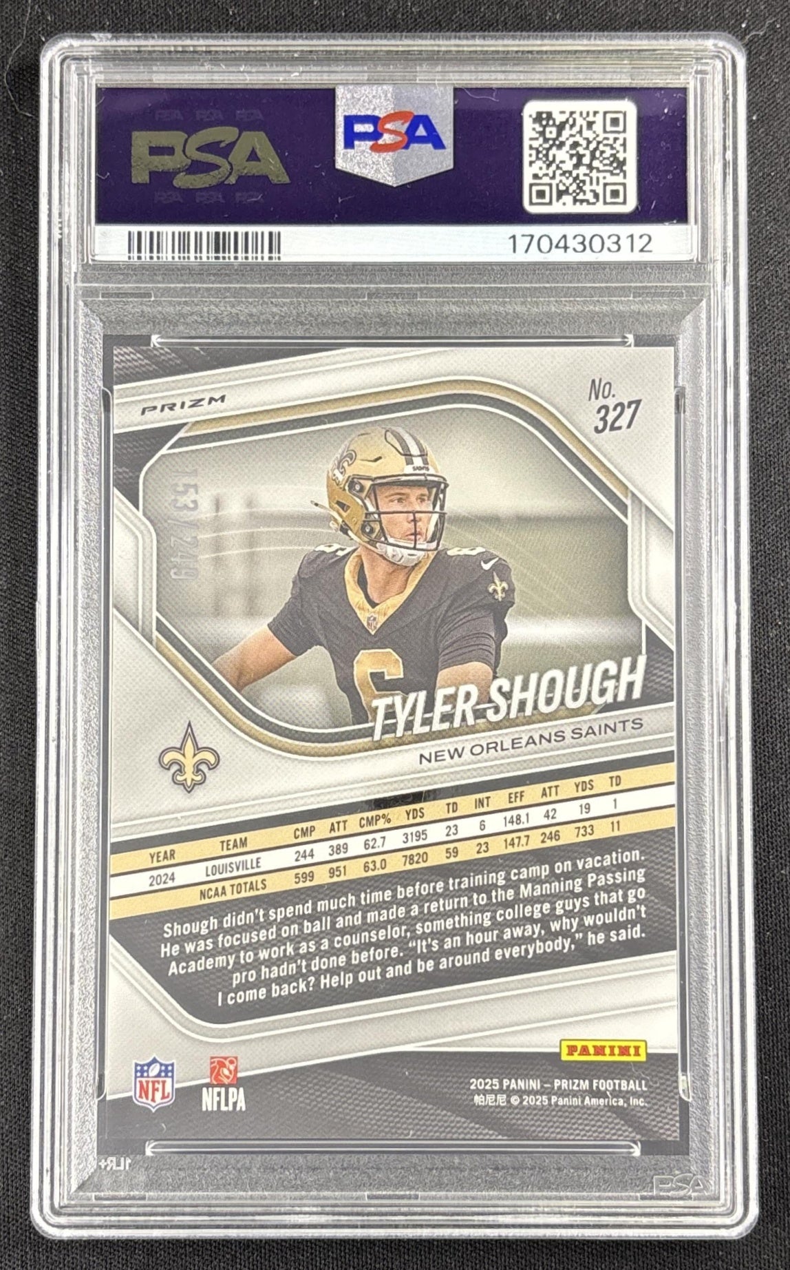 Tyler Shough 2025 Panini Prizm Orange /249 PSA 10 Saints Sports Trading Card