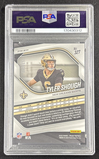 Tyler Shough 2025 Panini Prizm Orange /249 PSA 10 Saints Sports Trading Card