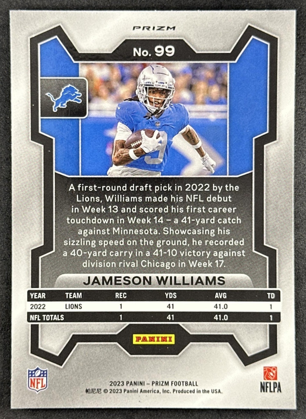 Jameson Williams 2023 Panini Prizm Silver Lions Sports Trading Card