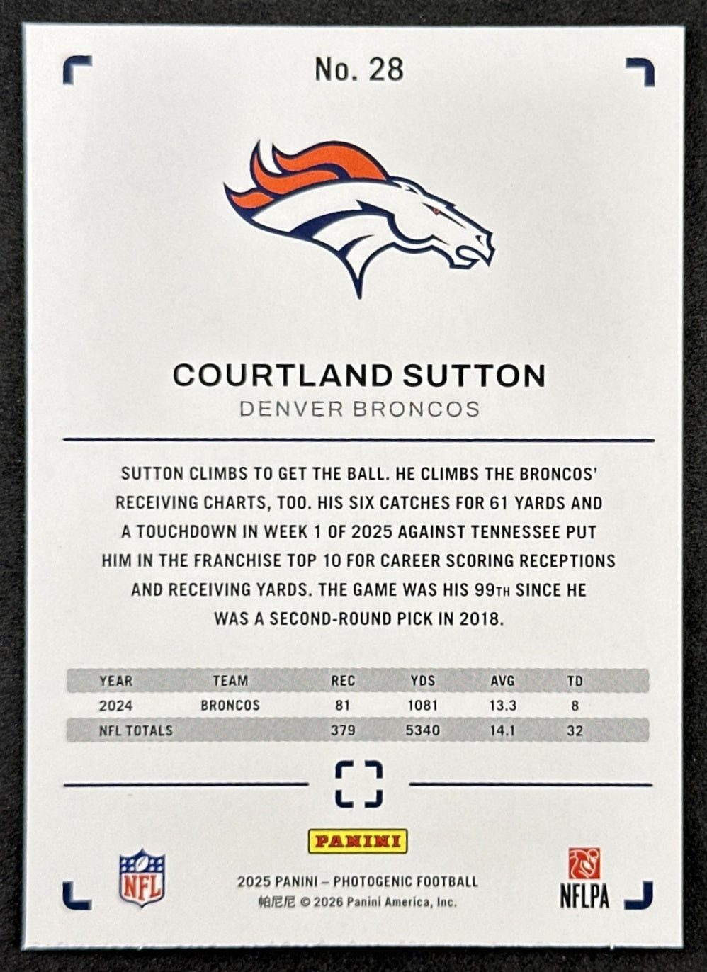 Courtland Sutton 2025 Panini PhotoGenic Broncos back