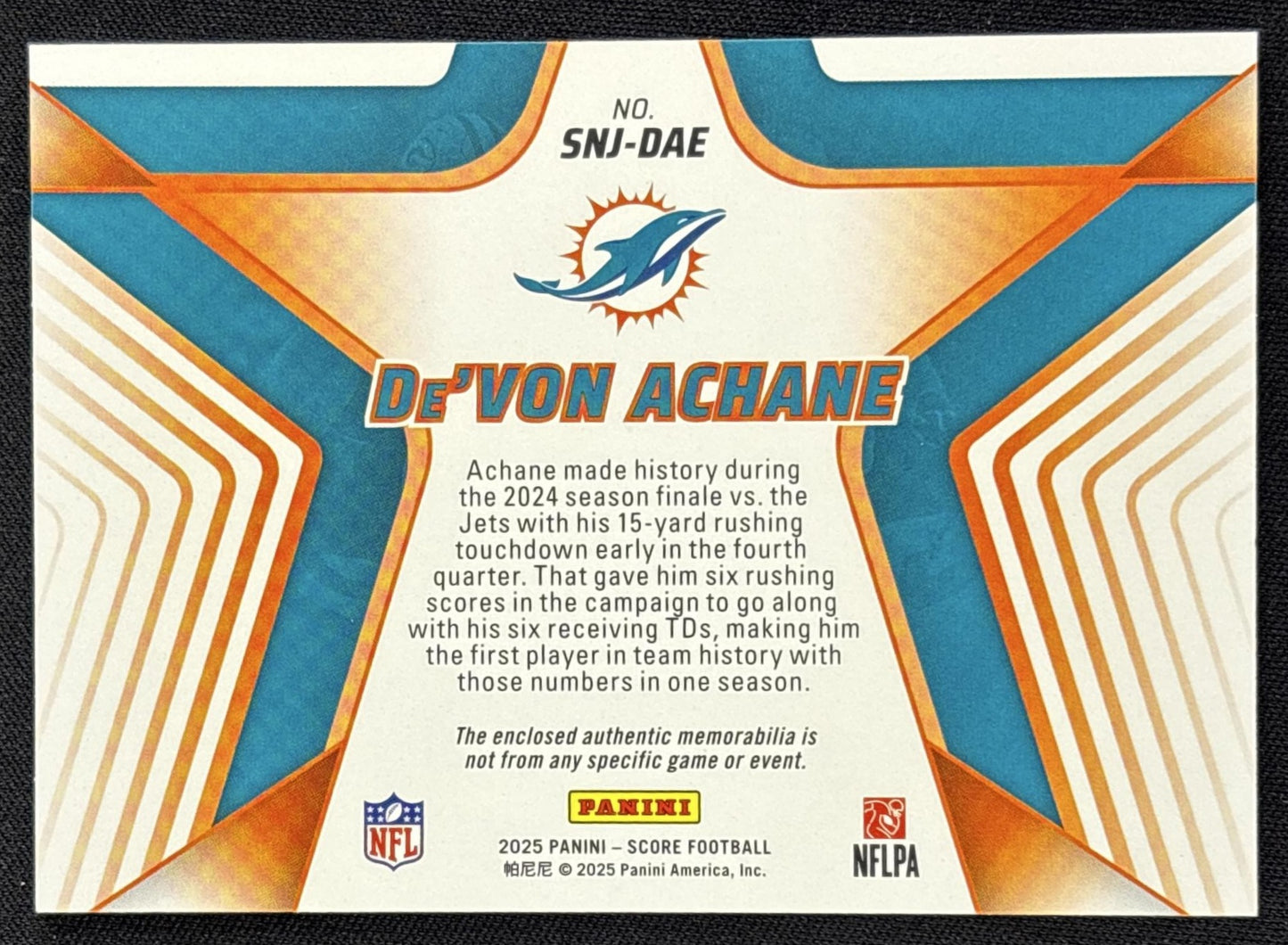 De'Von Achane 2025 Panini Score Stars of the NFL Jersey Dolphins
