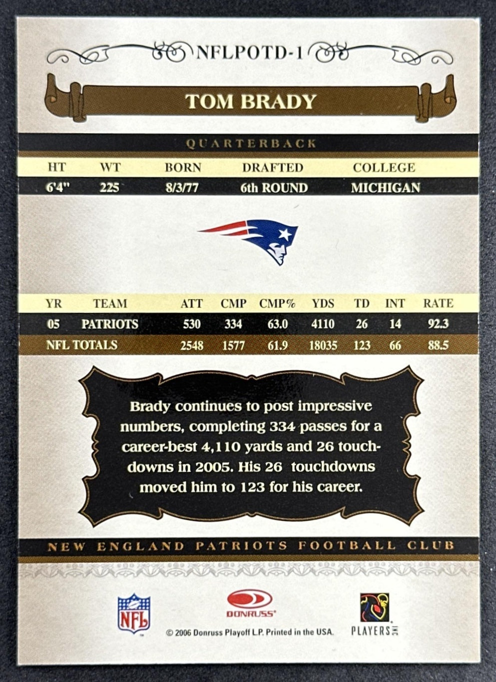 Tom Brady 2006 Classics NFL Player of the Day Patriots Back