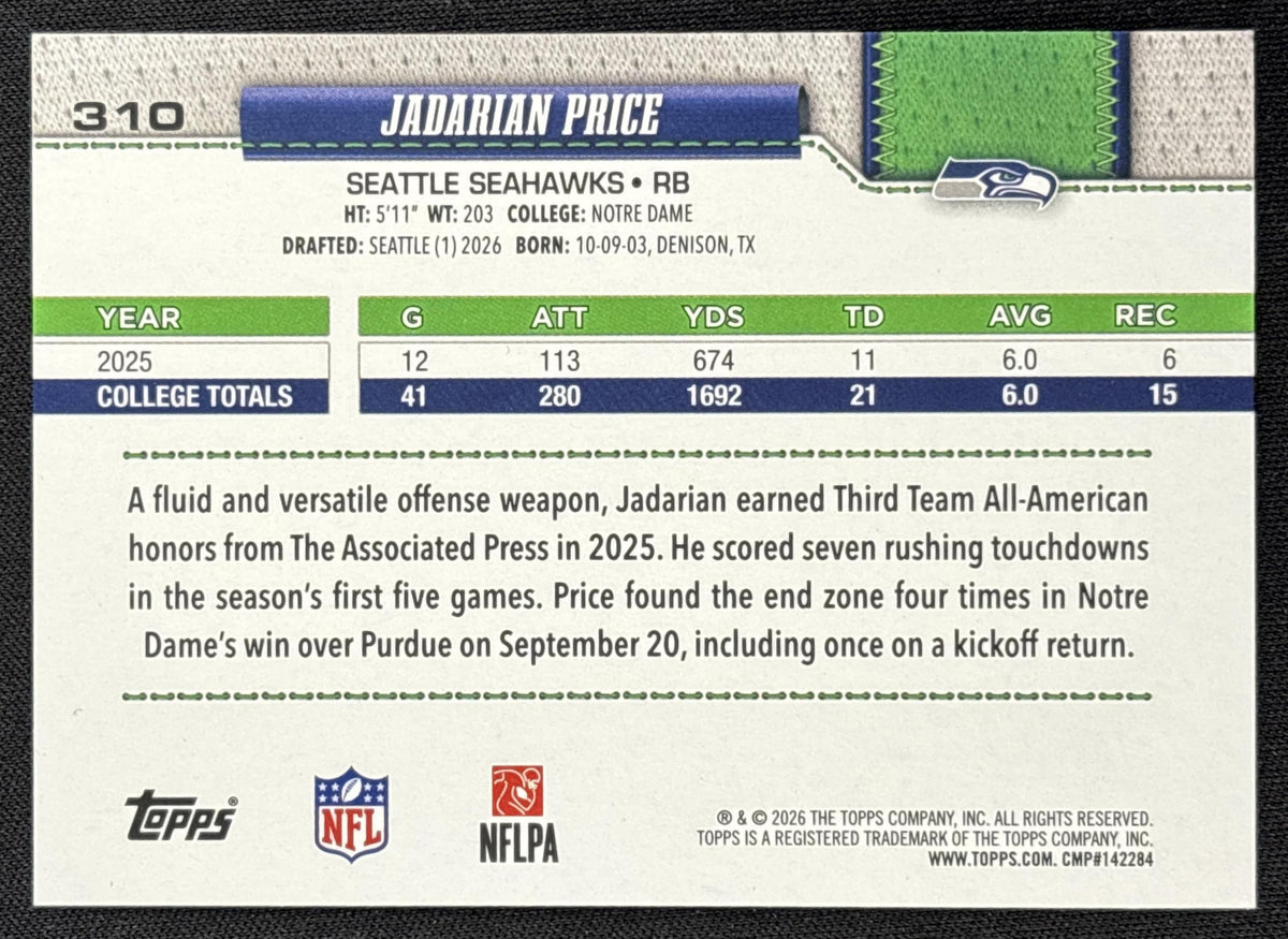 Jadarian Price 2026 Topps Holo Foil Seahawks