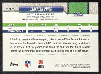 Jadarian Price 2026 Topps Holo Foil Seahawks