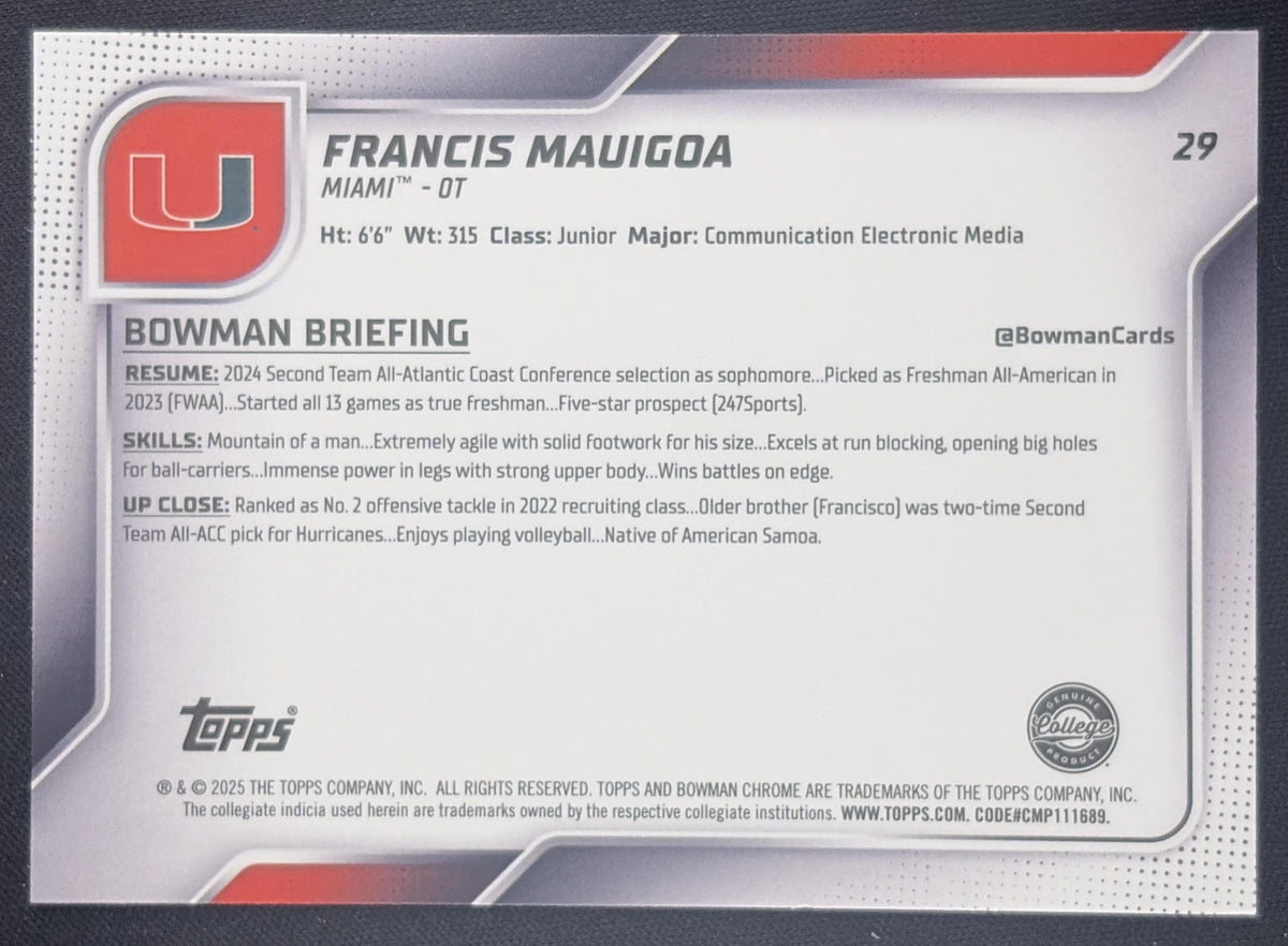 Francis Mauigoa 2025 Bowman Chrome University Prospects Yellow Refractor /350 Hurricanes