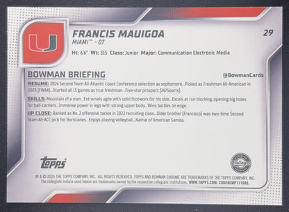 Francis Mauigoa 2025 Bowman Chrome University Prospects Yellow Refractor /350 Hurricanes