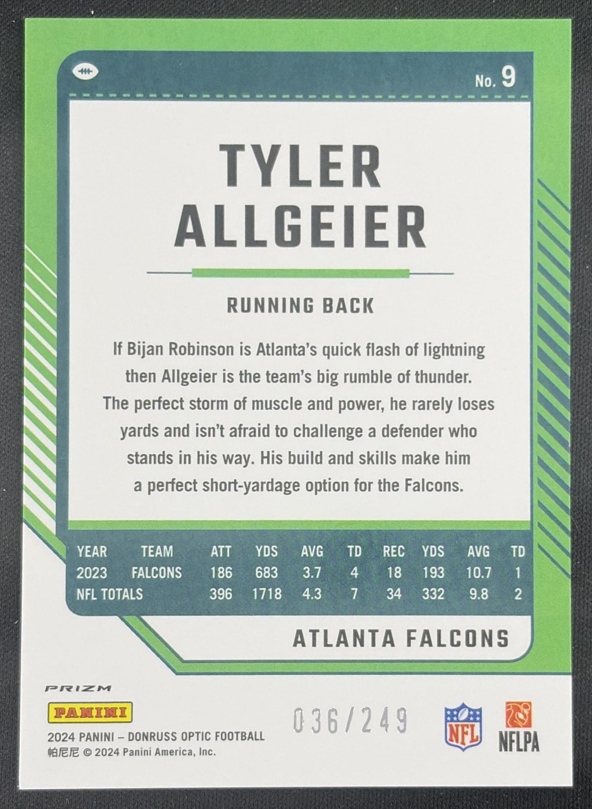 Tyler Allgeier 2024 Panini Donruss Optic Orange /249 Falcons Sports Trading Card