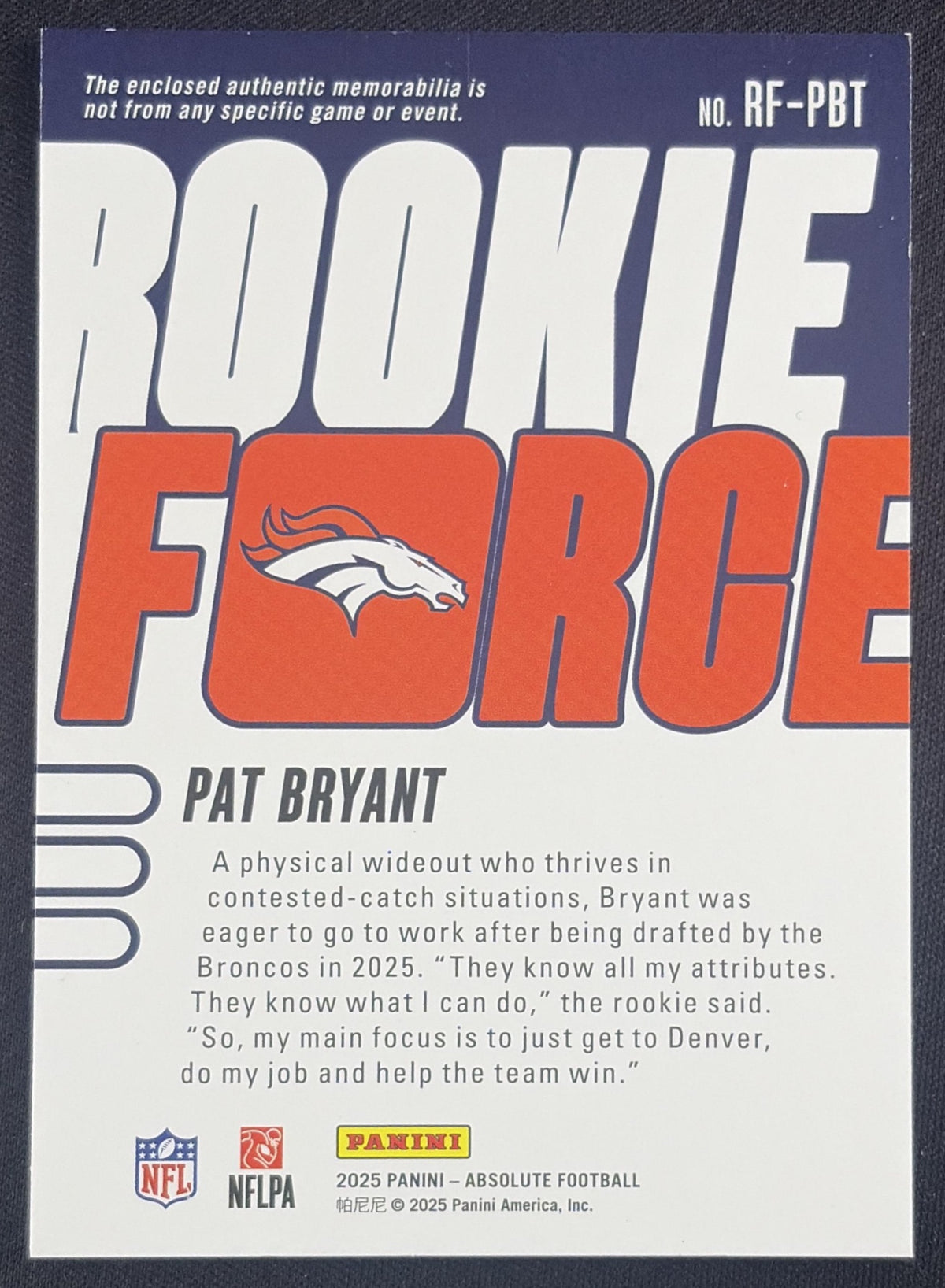 Pat Bryant 2025 Panini Absolute Rookie Force Gold /99 Broncos Sports Trading Card