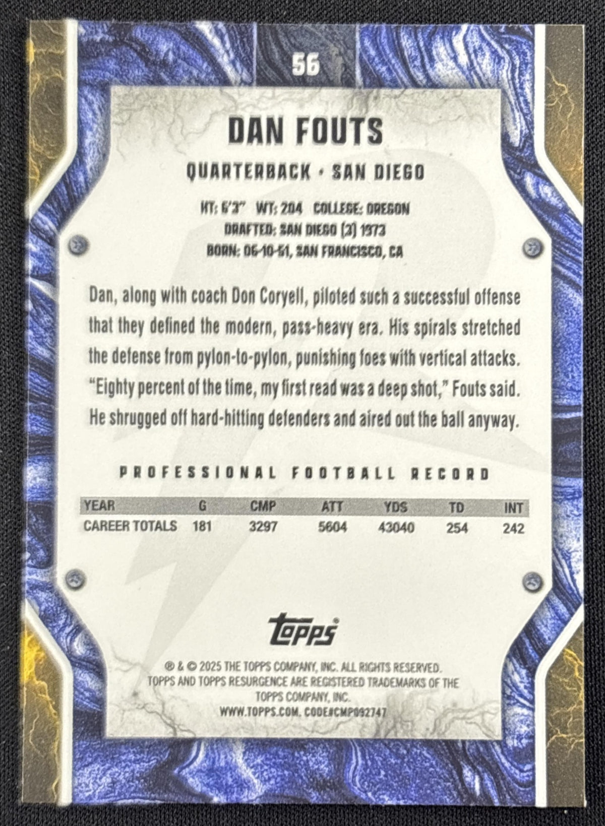 Dan Fouts 2024 Topps Resurgence Surge /399 Chargers