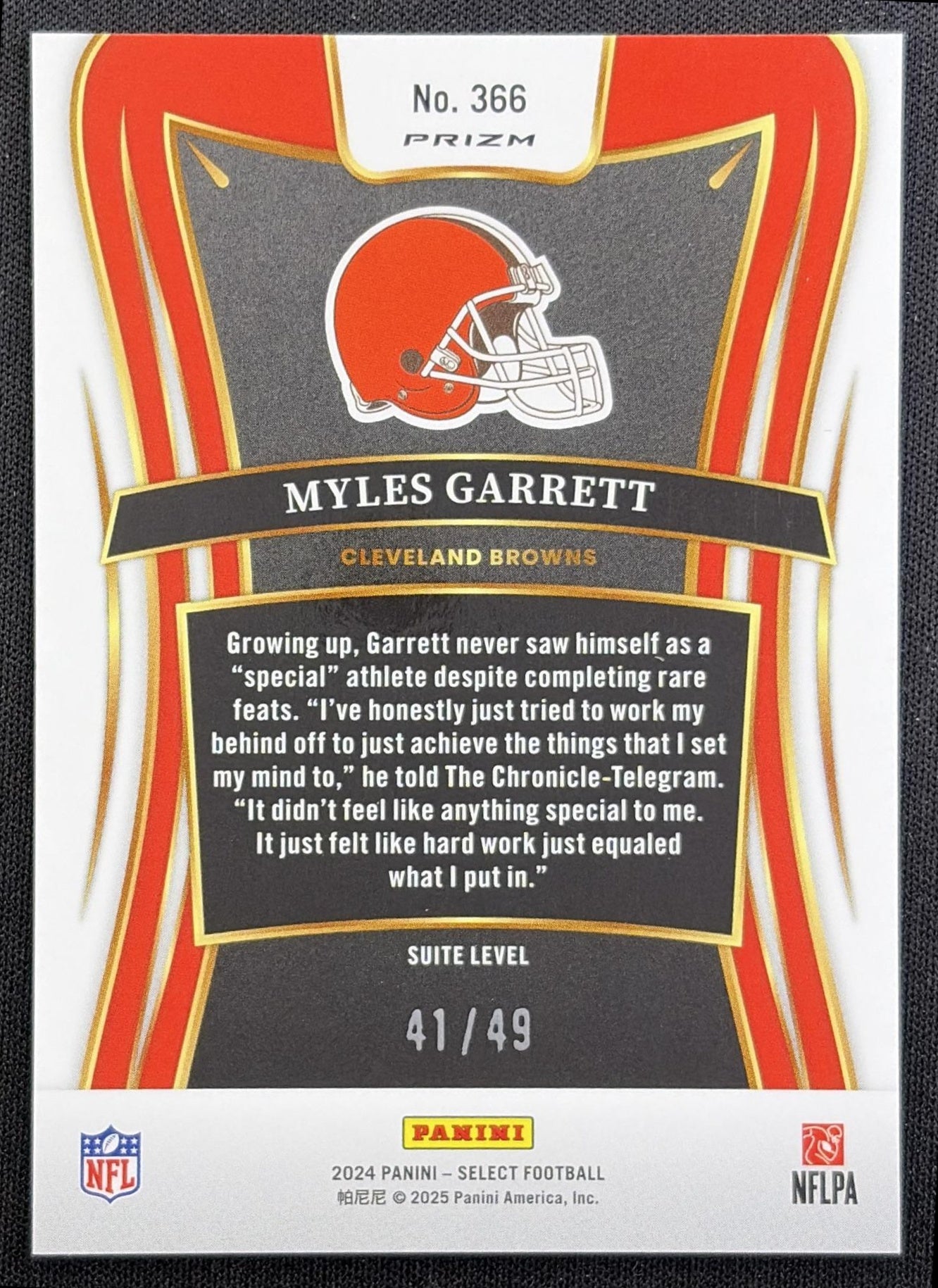 Myles Garrett 2024 Panini Select Suite Red Disco Prizm /49 Browns - back