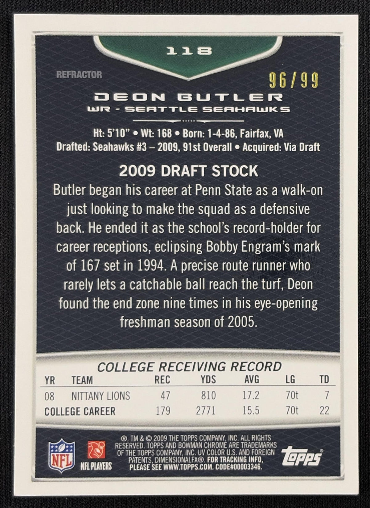 Deon Butler 2009 Bowman Chrome Green Refractor /99 Seahawks