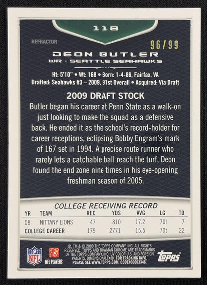 Deon Butler 2009 Bowman Chrome Green Refractor /99 Seahawks