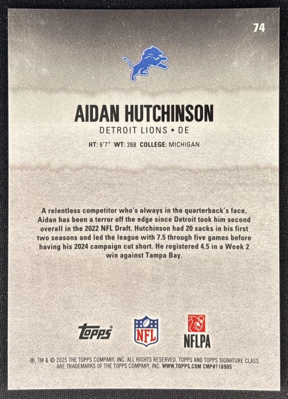 Aidan Hutchinson 2025 Signature Class Chrome Veteran Teal Refractor /225 Lions back