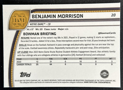 Benjamin Morrison 2024 Chrome University Purple Shimmer Refractor Fighting Irish