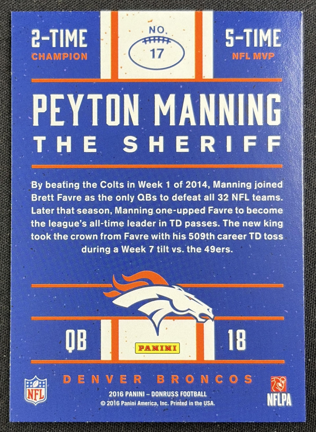 Peyton Manning 2016 Panini Donruss The Sheriff Tribute Red Foil Colts 17 back