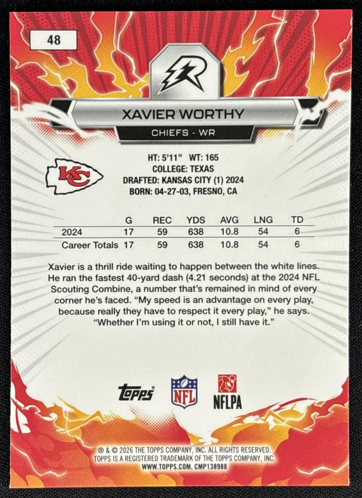 Xavier Worthy 2025 Topps Resurgence Blue and Orange Spark Refractor Chiefs