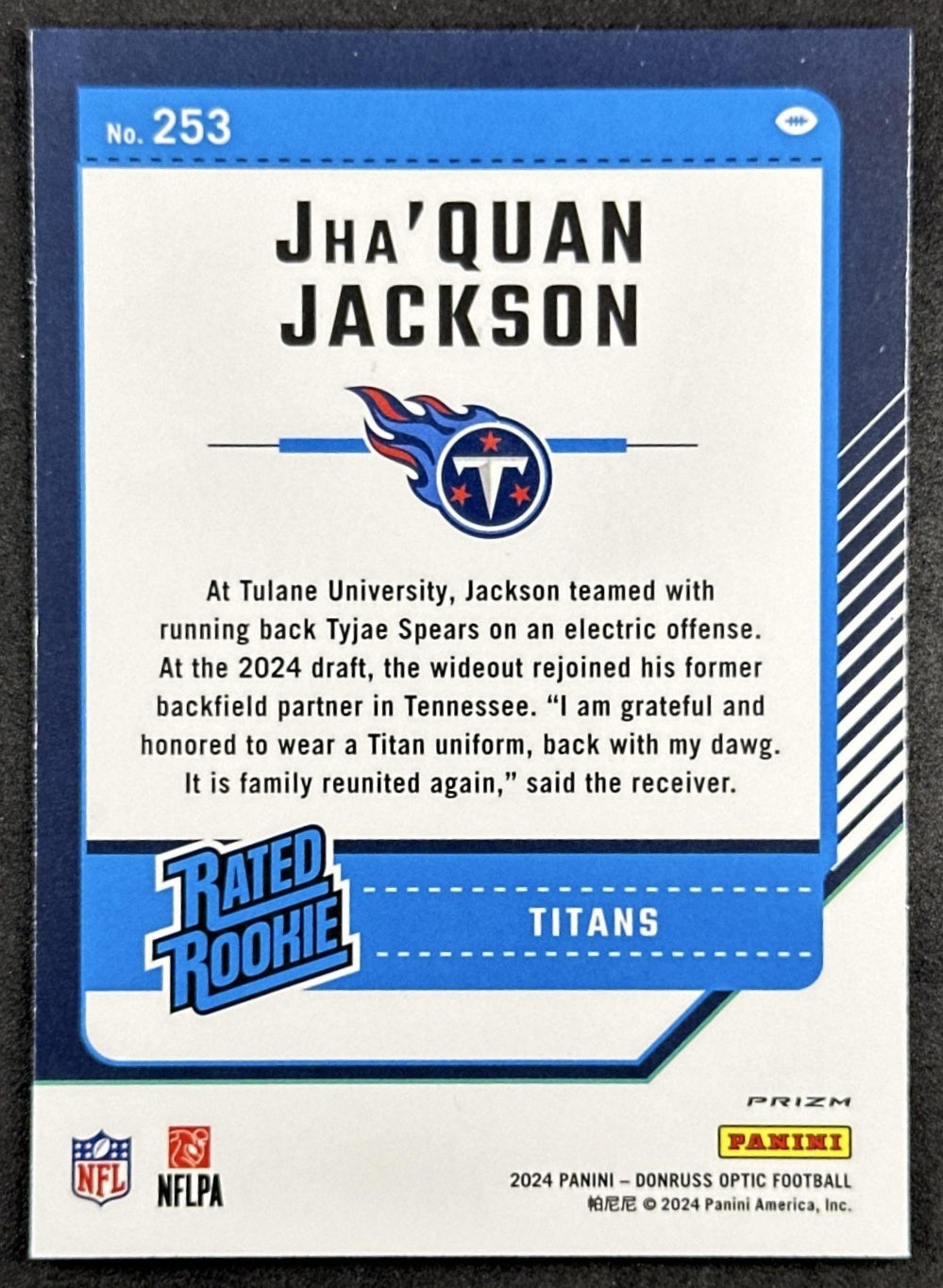Jha'Quan Jackson 2024 Panini Donruss Optic Purple Shock Titans Back